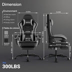 Ergonomic Gaming & Office Chair, Footrest, Racing Design Black/Grey | PVC with headrest,lumbar, Adjustable Height recliner for adults 2D-Linkage Armrests for 300LBS
