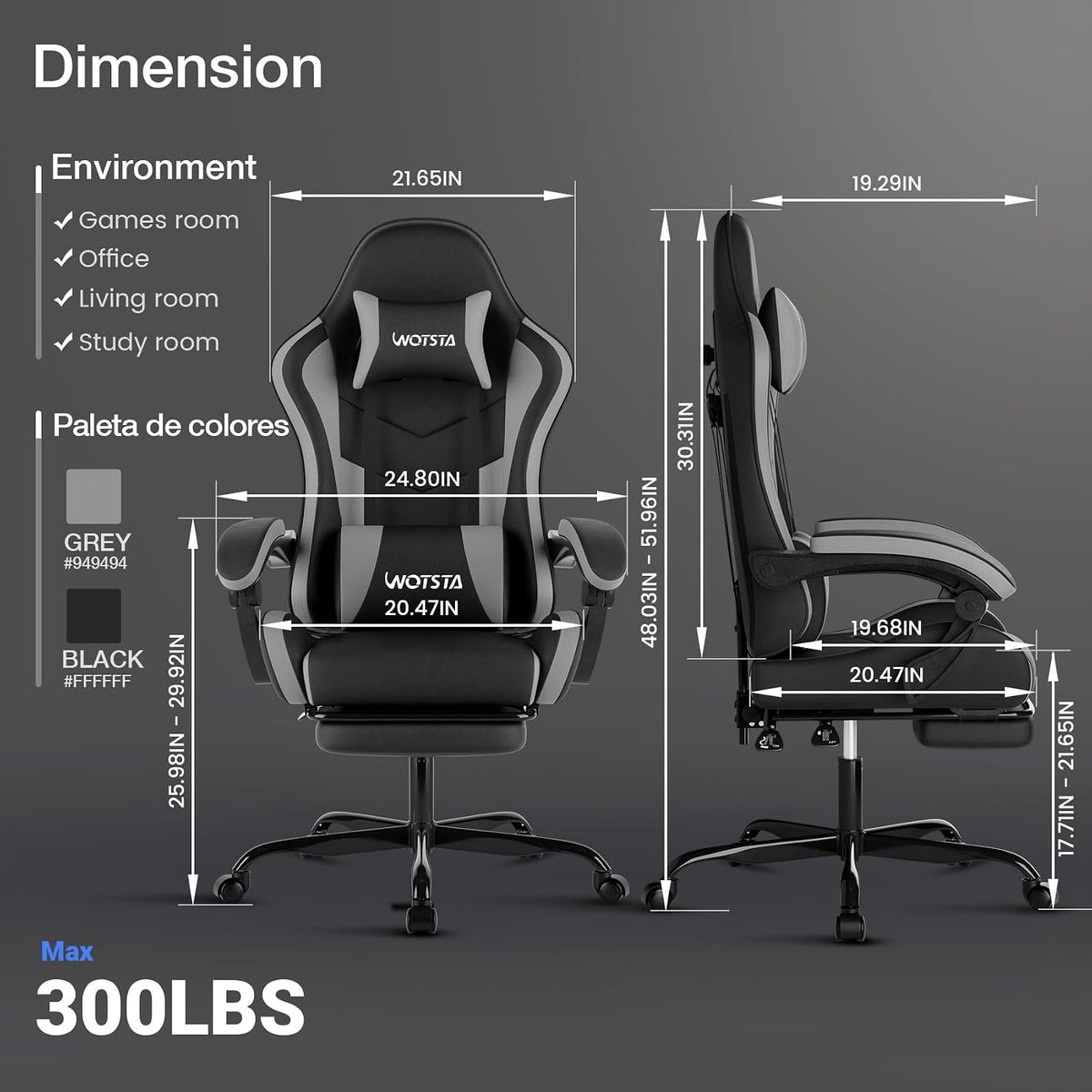 Ergonomic Gaming & Office Chair, Footrest, Racing Design Black/Grey | PVC with headrest,lumbar, Adjustable Height recliner for adults 2D-Linkage Armrests for 300LBS