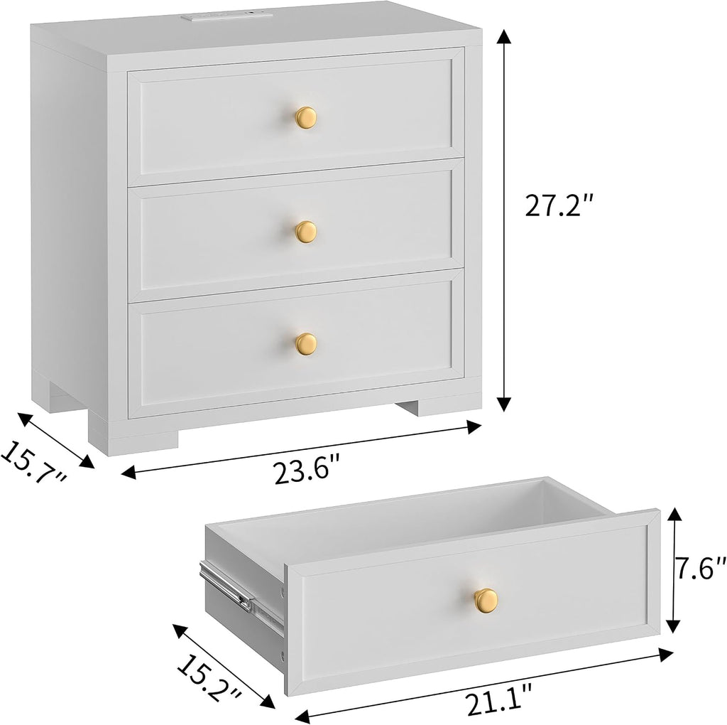 COWMOU Nightstand with Drawers 3 Drawer Night Stand with Charging Station Farmhouse Style Large Bed Side Table Wooden Dresser for Bedroom Living Room (1, White)