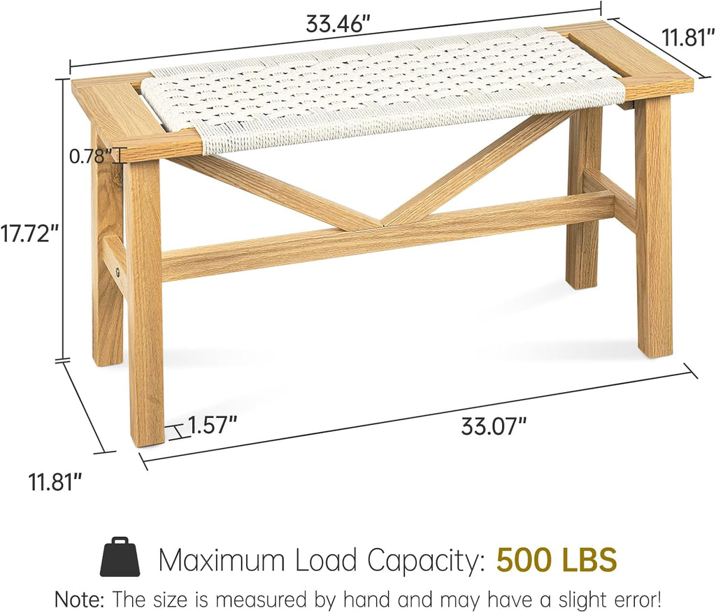 Solid Wood Narrow Bench, 33.46" Woven Bench for Entryway and Hallway, End of Bed Bench with Oak Frame, Boho Accent Bench - 500lbs Capacity (Natural Beige)