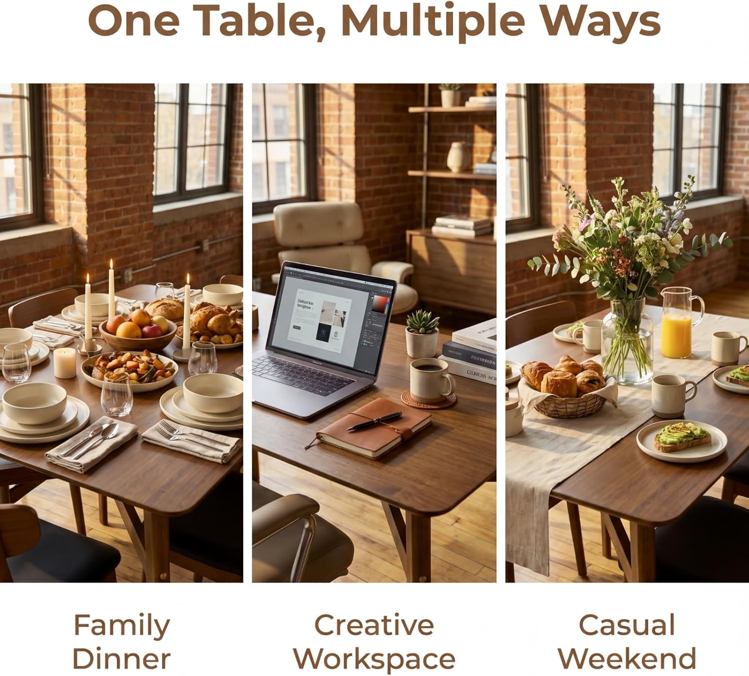 DUOMAY Modern Wooden Dining Table for 4-6 People, 59" Large Rectangular Dinner Table with Wood Legs for Home Dining Room Restaurant Farmhouse Kitchen, Brown