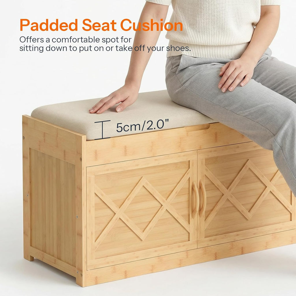 HOOBRO Shoe Bench, Shoe Storage Bench with Cushion, Bamboo Entryway Bench with Hidden Compartment, Storage Bench with Lift Top and 2 Door, for Living Room, Bedroom, Hallway, Beige and Natural YE60HX01