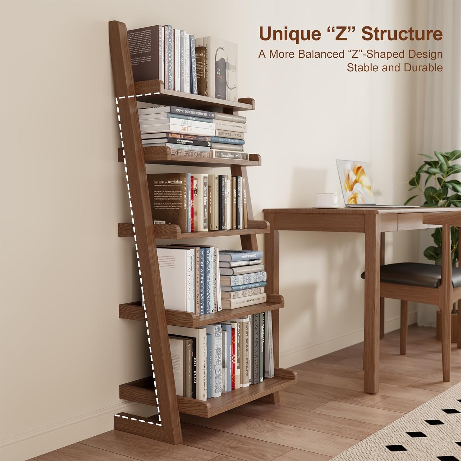 AQIMUELE Walnut Wooden Ladder Shelf with Edges, 5-Tier Modern Leaning Bookshelf Ladder – Stylish Space-Saving Bookcase for Living Room, Bedroom & Home Office