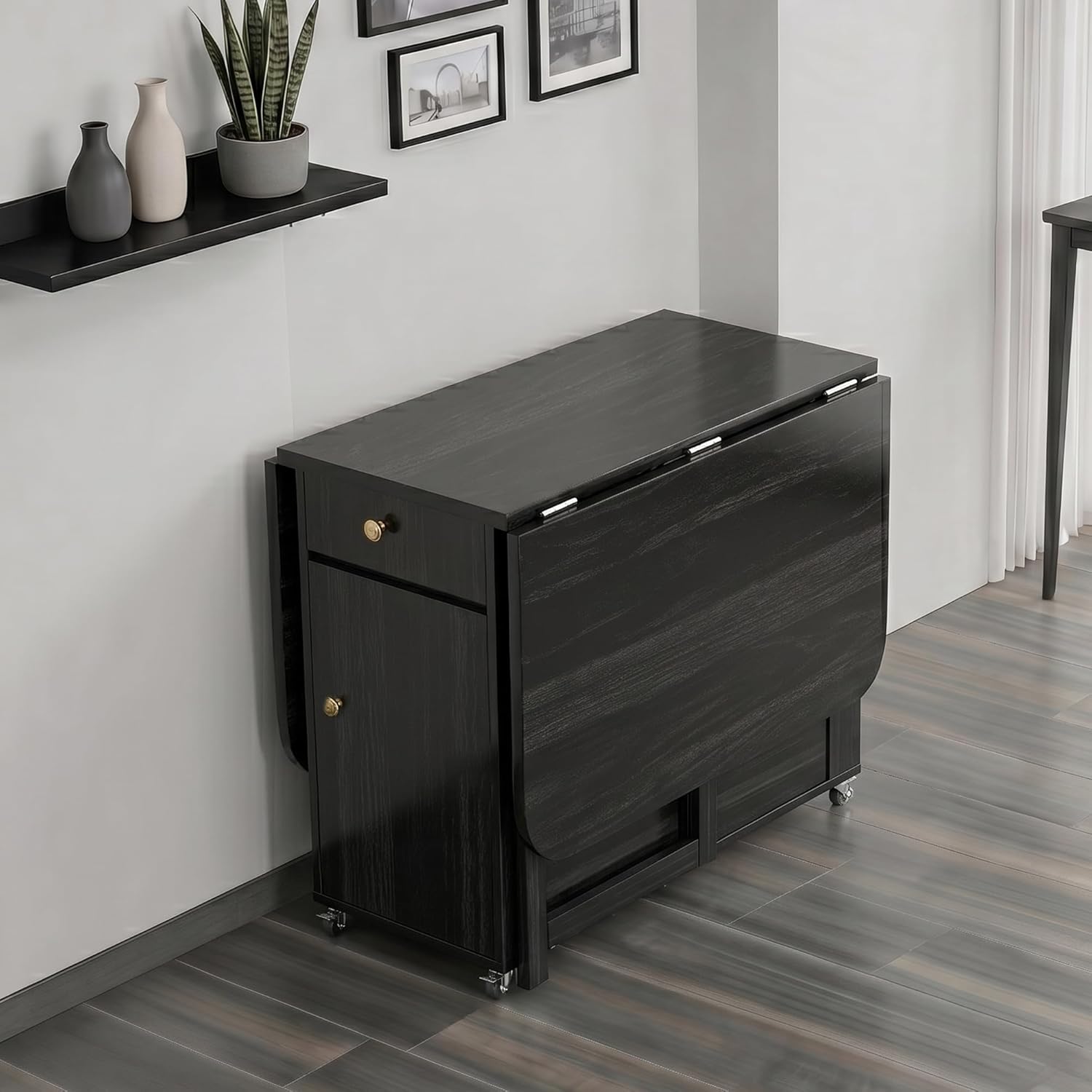 Small Foldable Dining Table - 59" Fully Assembled Drop Leaf Tables for Small Spaces with Storage & Lockable Wheels, 4-6 Seater Space-Saving Furniture for Dining Room, Black