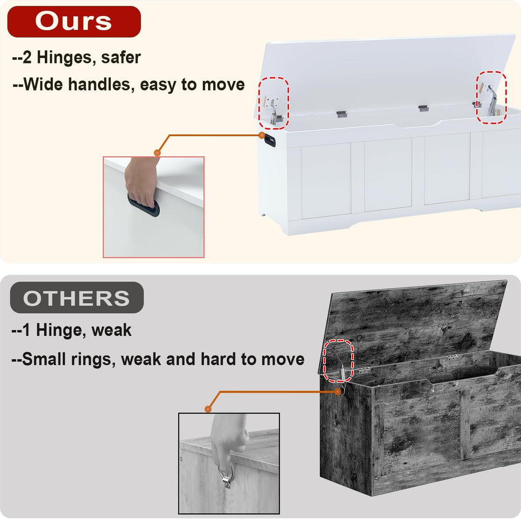 Timberer 47.2" Storage Chest, Extra Large Storage Trunk with 2 Safety Hinges, Wooden Storage Bench, Shoe Bench, Entryway Bench for Living Room, Bedroom, White