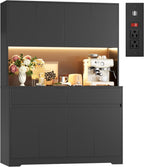 FINETONES 71" Tall Pantry Cabinet with LED Lights and Charging Station, 47.2" Wide Kitchen Pantry Storage Cabinet Kitchen Hutch with Microwave Stand, Tall Storage Cabinet for Living Room, Black