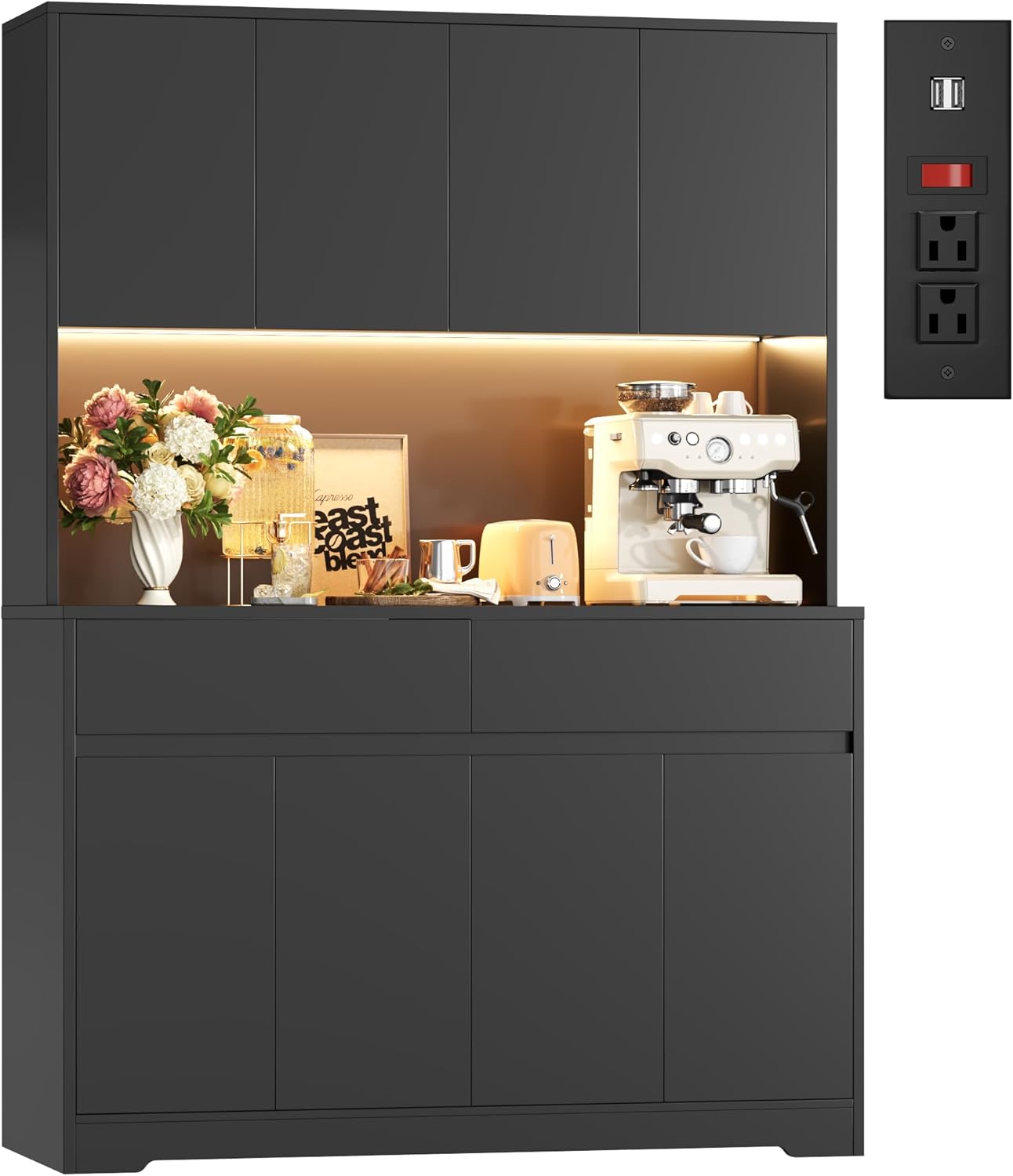 FINETONES 71" Tall Pantry Cabinet with LED Lights and Charging Station, 47.2" Wide Kitchen Pantry Storage Cabinet Kitchen Hutch with Microwave Stand, Tall Storage Cabinet for Living Room, Black