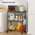 SWTYMIKI Rolling Kitchen Microwave Cart - 3 Tier Microwave Table Stand with Storage Basket and Hooks, Kitchen Utility Cart on Wheels, Coffee Cart Shelf Rack Organizer for Living Room Office, Balcony