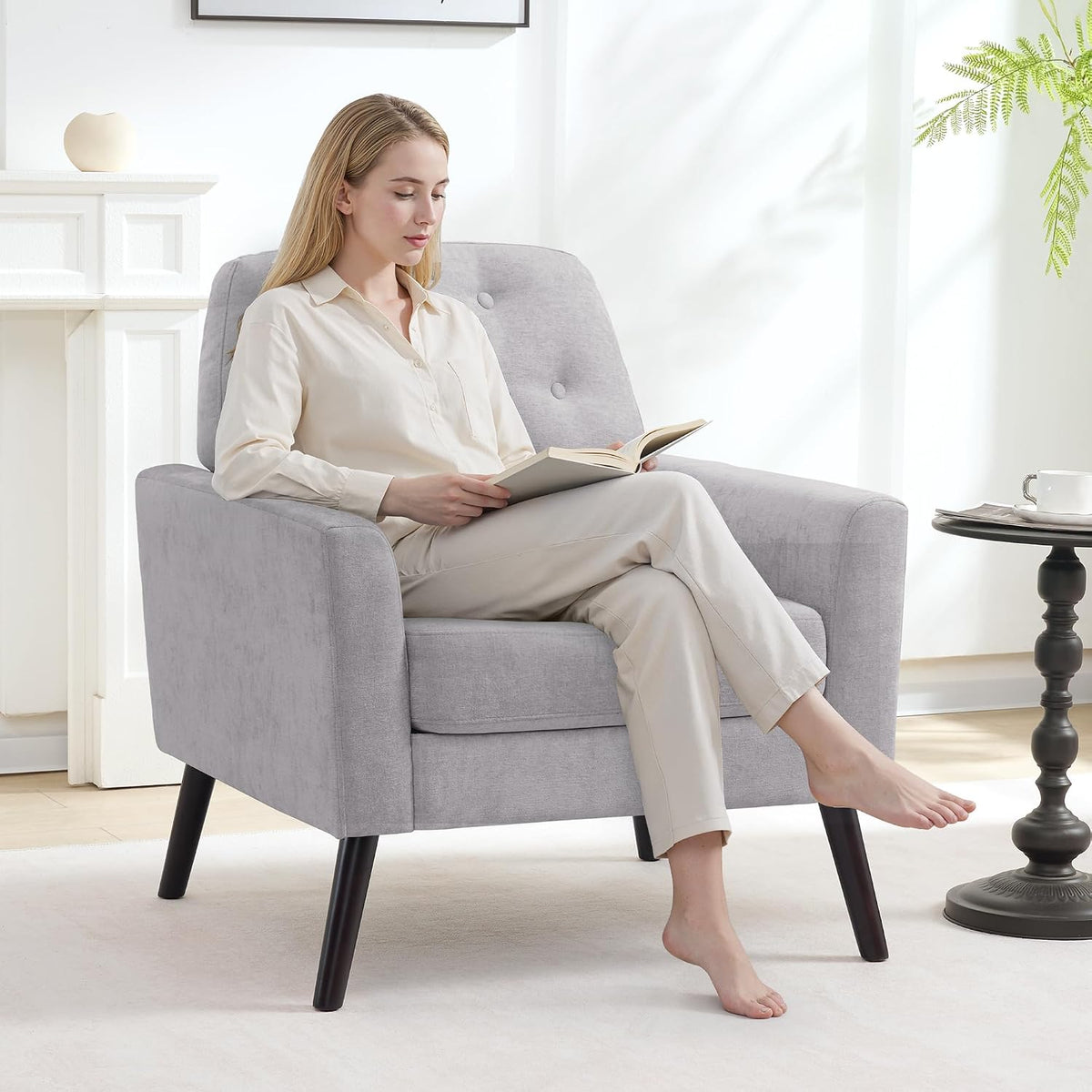 Accent Chair Set of 2, Mid Century Modern Living Room Chairs, Upholstered Armchair with Tufted Back & Wood Legs, Single Sofa Reading Side Chair for Bedroom Office Waiting Room, Light Grey