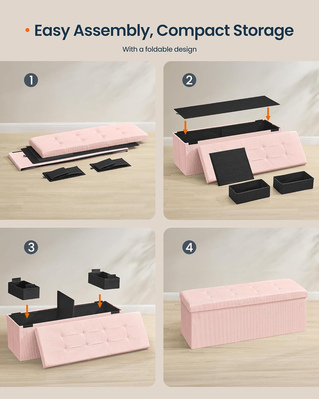 SONGMICS Home Ottoman with Storage, Removable Lid, Folding Storage Chest, Easy Assembly, for Entryway, Bedroom, Living Room, 15.2 x 43.2 x 15.2 Inches, Corduroy, Light Pink