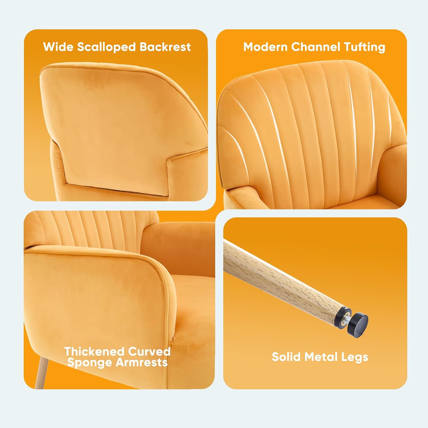 Velvet Accent Chair, Mid Century Modern Accent Chairs for Living Room, Comfy Upholstered Armchair with Metal Legs for Bedroom/Apartment/Office/Waiting Room, Golden Yellow