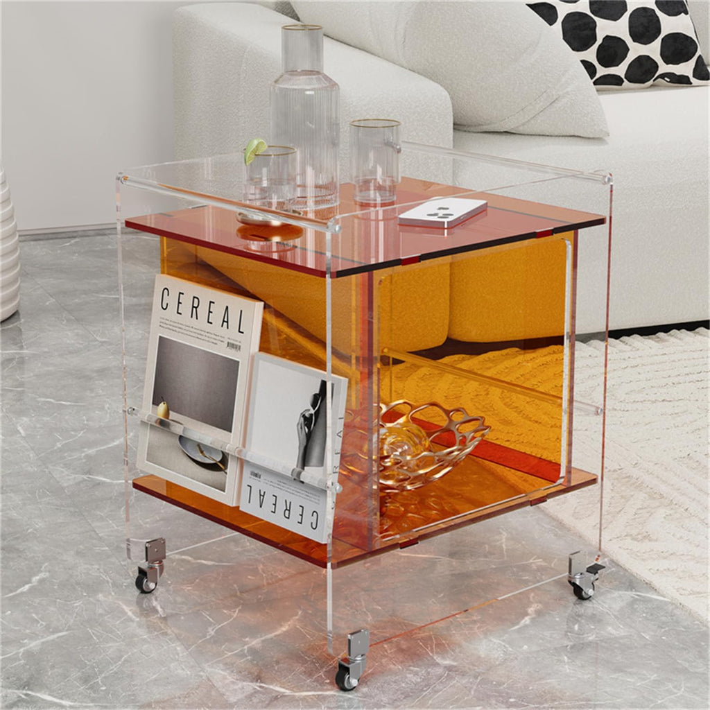Transparent Acrylic Mobile Side Table with Wheels - Multifunctional Storage & Stylish Home Decor (Orange)