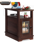 WLIVE Farmhouse End Table with Charging Station, Narrow Side Table with Storage, Small Nightstand with USB Ports and Outlets ，Bedside Cabine for Bedroom, Living Room,Espresso