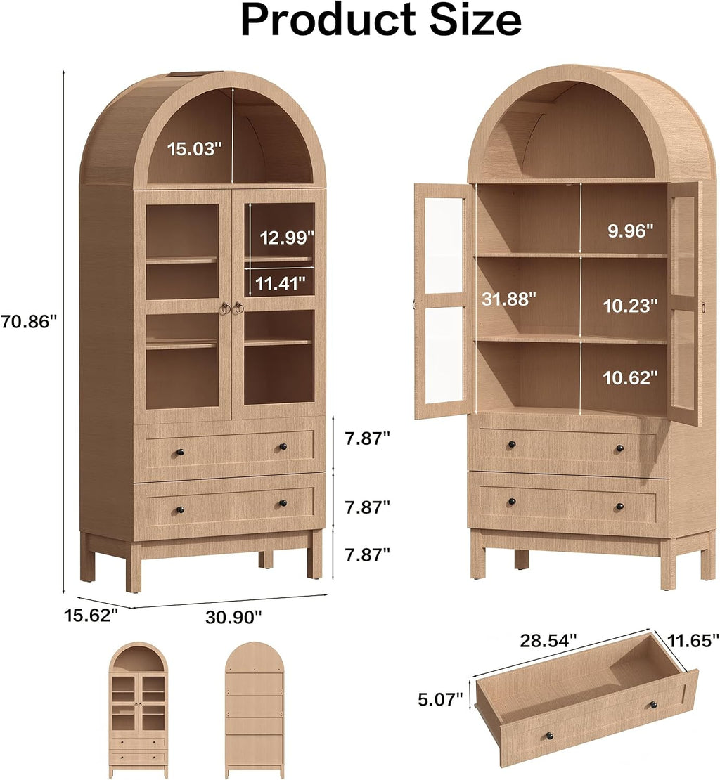 71" Tall Arched Kitchen Pantry, Storage Cabinet with Glass Doors, 2 Large Drawers & 3 Adjustable Shelves, Modern Farmhouse Design for Home Kitchens, Small Homes & Apartments