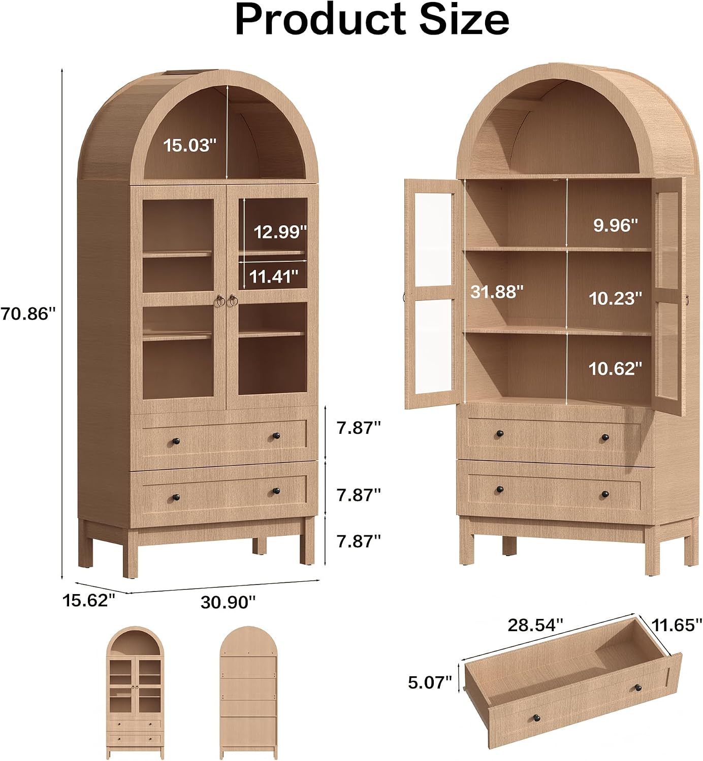 71" Tall Arched Kitchen Pantry, Storage Cabinet with Glass Doors, 2 Large Drawers & 3 Adjustable Shelves, Modern Farmhouse Design for Home Kitchens, Small Homes & Apartments