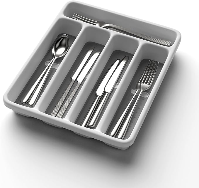 5-Slot Utensil Drawer Organizer for Silverware & Cutlery | Large Plastic Utensil Holder with Non-Slip Design, Silverware Drawer Organizer, BPA-Free (White)