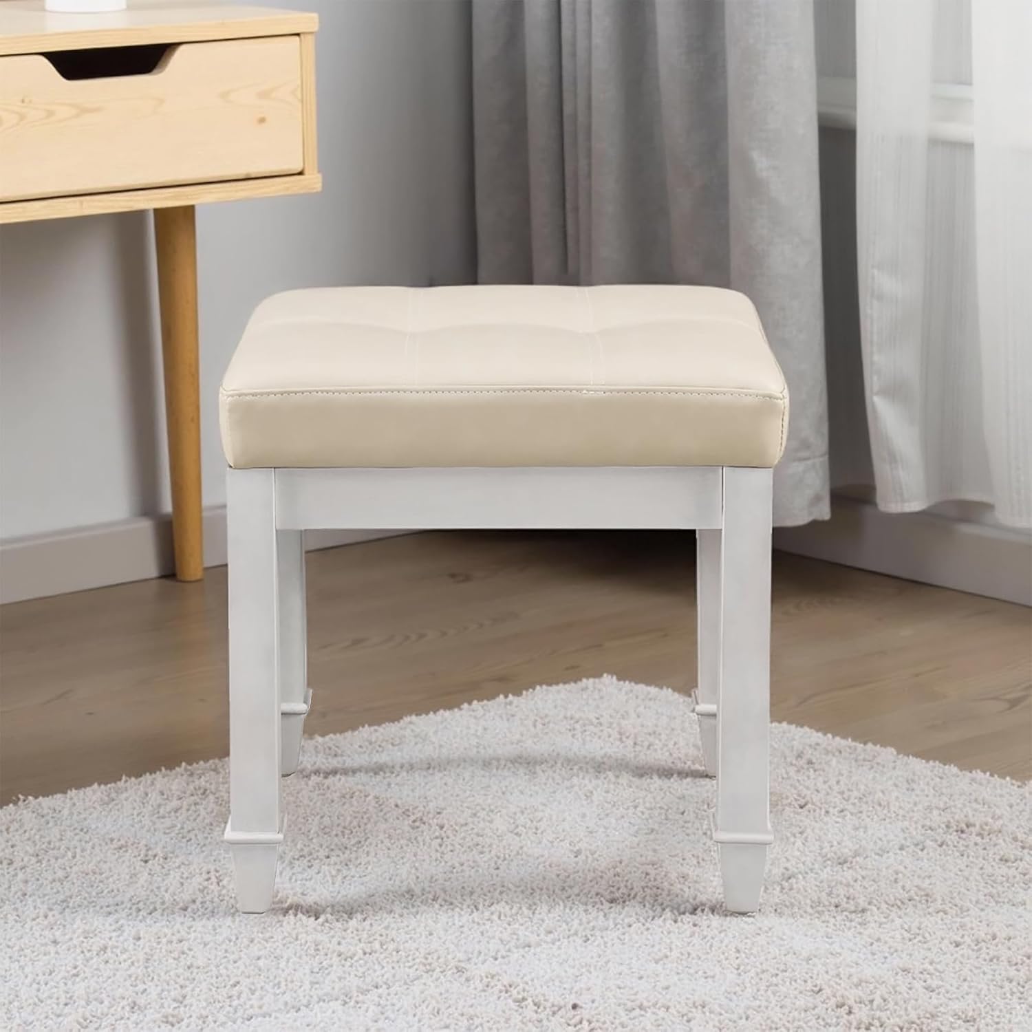 Solid Wood Vanity Bench Stool, Small Vintage Ottoman Foot Stool with Off-White Button Tufted PU Cushion Carved Footrest Rustic Stools for Bedroom Living Room,18.5 * 14.2 * 18.5in