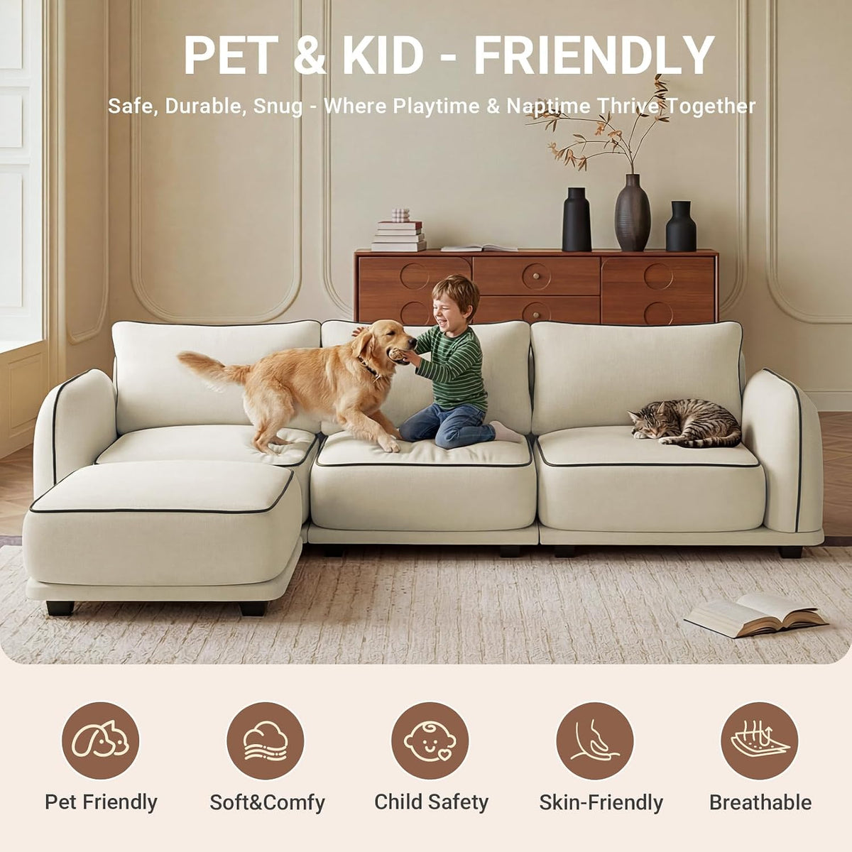 104 Inch L Shaped Modular Sectional Sofa, 4 Seater Modern Cloud Chenille Comfy Couch with Movable Ottoman & 3 Back Pillows, Oversized Comfy L Shape Couch for Living Room, Bedroom, Apartment, Beige