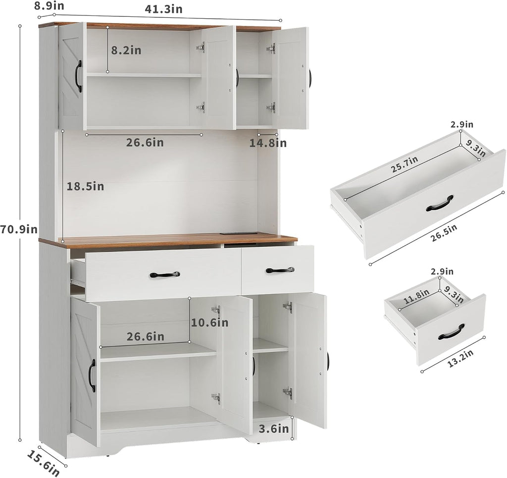 Garvee 71" Kitchen Pantry Cabinet with Charging Station, Kitchen Hutch Storage Cabinet with Large Countertop & 2 Drawers, Wood Farmhouse Food Pantry Cabinet for Dining Room, Living Room, White