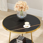 Tribesigns Faux Marble End Table, 2 Tier Round Side Table with Shelves, Modern Black Nightstand Bedside Table Small Coffee Accent Table for Living Room Bedroom, Black and Gold