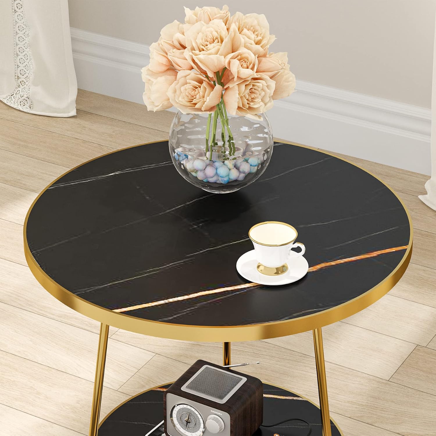 Tribesigns Faux Marble End Table, 2 Tier Round Side Table with Shelves, Modern Black Nightstand Bedside Table Small Coffee Accent Table for Living Room Bedroom, Black and Gold