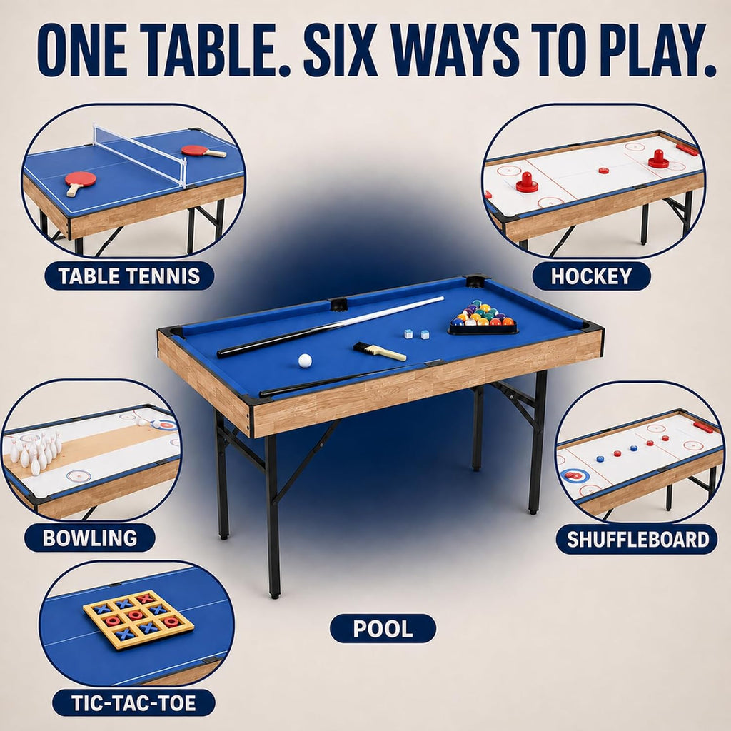 6 in 1 Multi Game Table Folding Pool Table, Billiard, Hockey, Table Tennis, Bowling, Shuffle Board and Tic Tac Toe with All Accessories