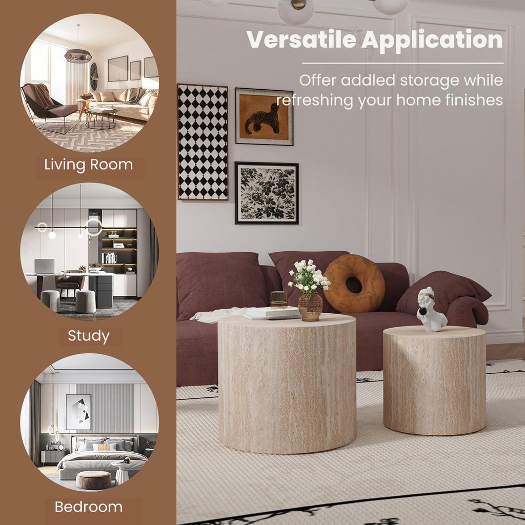 WXFKLDJ Round Nesting Coffee Table Set of 2, Wood Side Table, Travertine | Modern Handcraft Drum Coffees Table, Farmhouse Style End Table, for Living Room Small Spaces, No Assembling