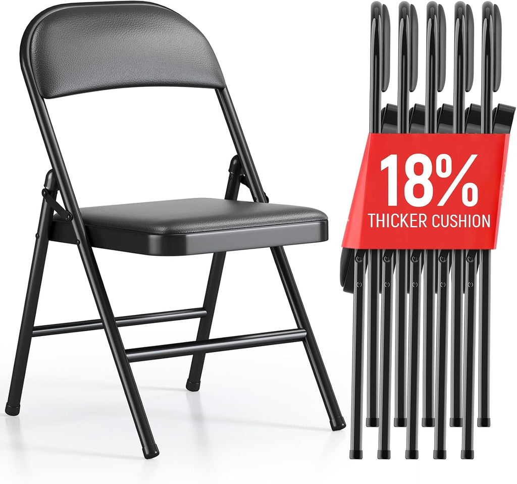 Upgrade 18% Thicker 6 Pack Folding Chair with Cushion | Heavy Duty Folding Chair for Outside and Indoor Leather Padded Folding Chairs Durable Steel Frame for Home and Office Party