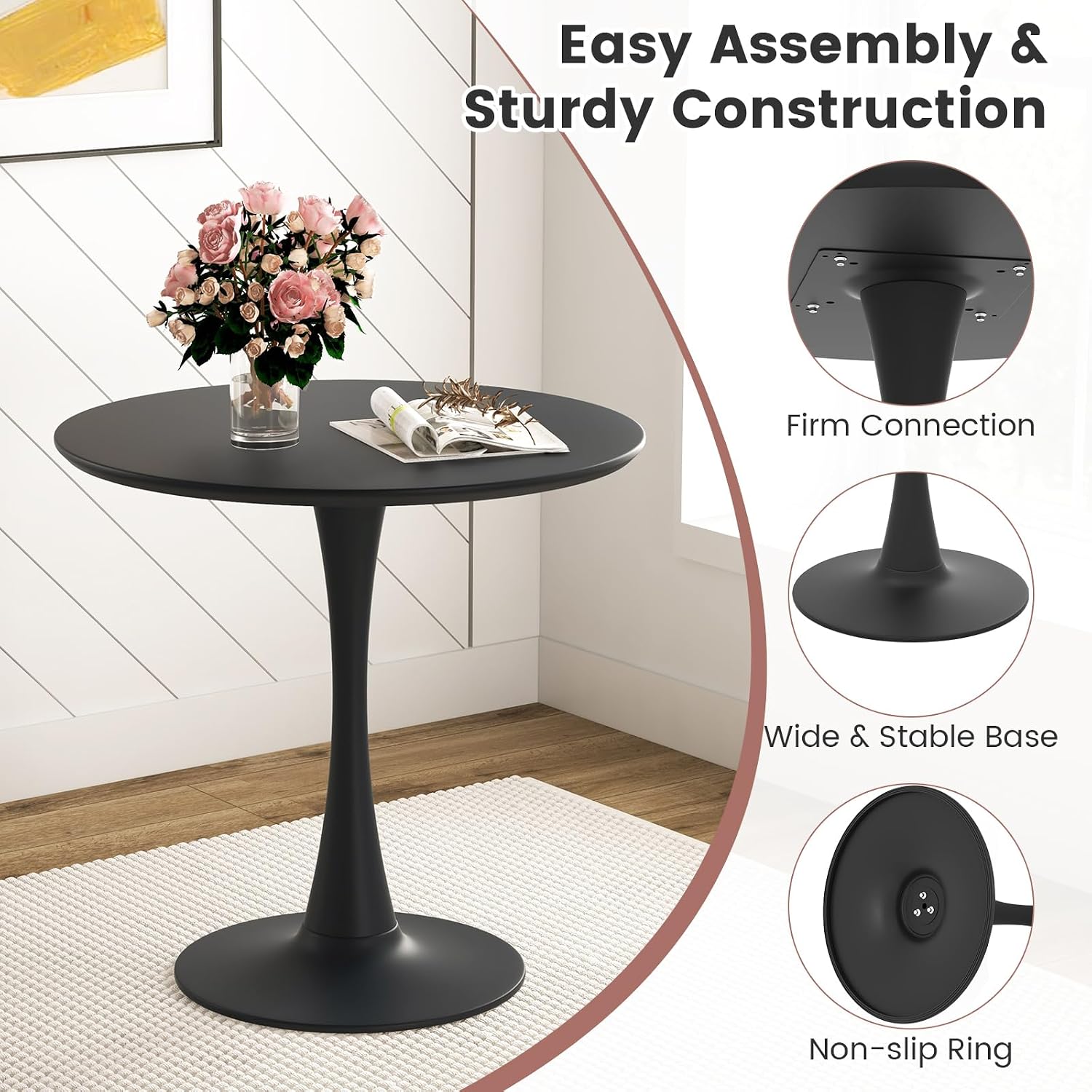 Tangkula Round Dining Table Set for 4, Kitchen Table Set with Seat & Solid Wood Legs, Round Kitchen Table and Chairs for Small Space, Black