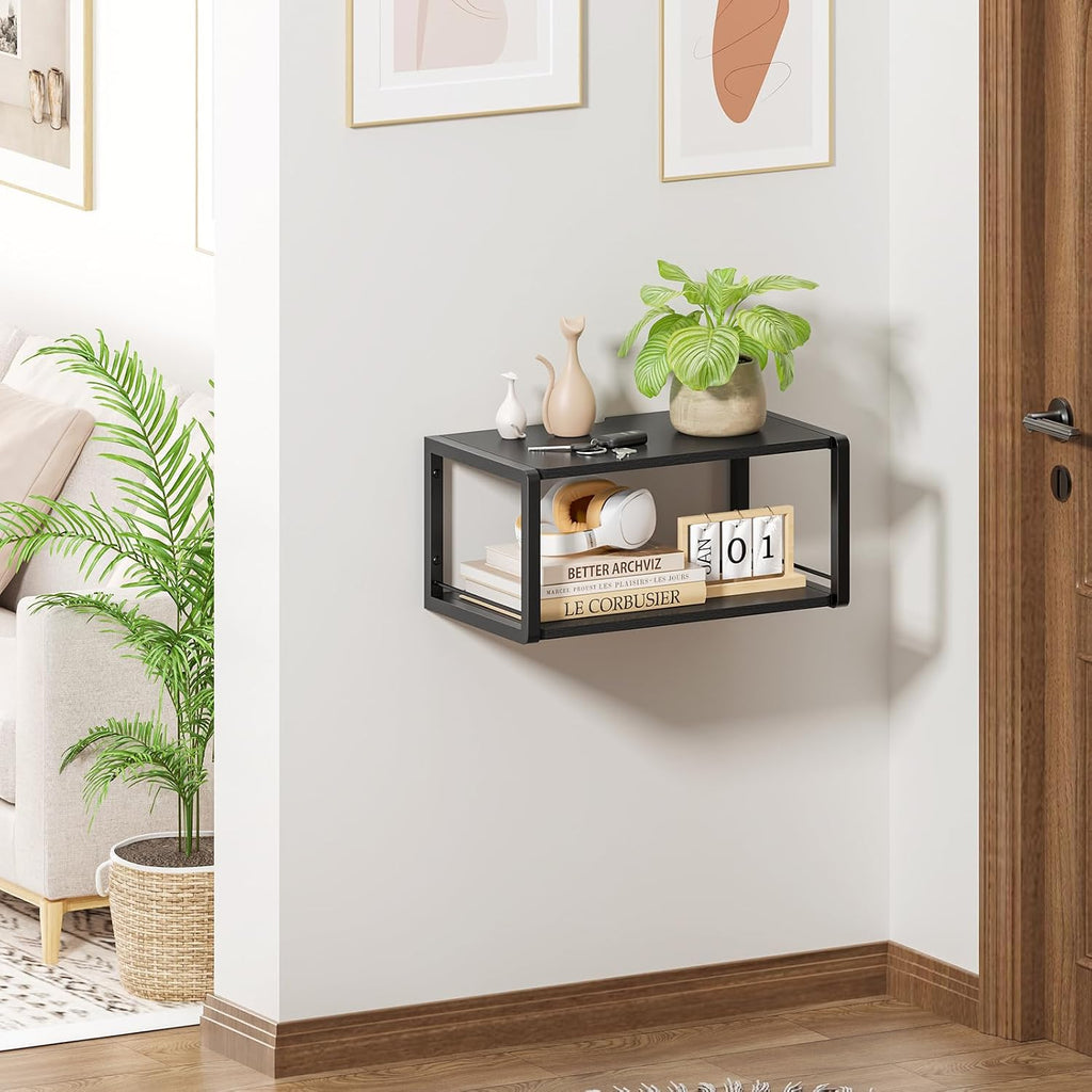 Floating Nightstand, Wood Bedside Shelf Wall Mounted Nightstand with Heavy-Duty Frame, Floating Bedside Table for Bedroom, Bathroom, Kitchen, (Vintage Black, 1 Pack)
