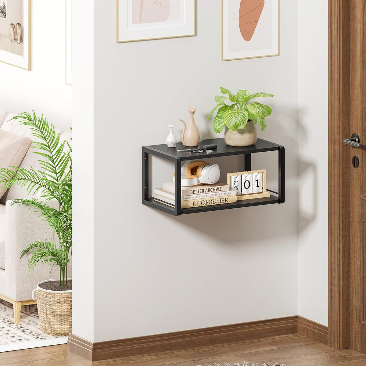 Floating Nightstand, Wood Bedside Shelf Wall Mounted Nightstand with Heavy-Duty Frame, Floating Bedside Table for Bedroom, Bathroom, Kitchen, (Vintage Black, 1 Pack)