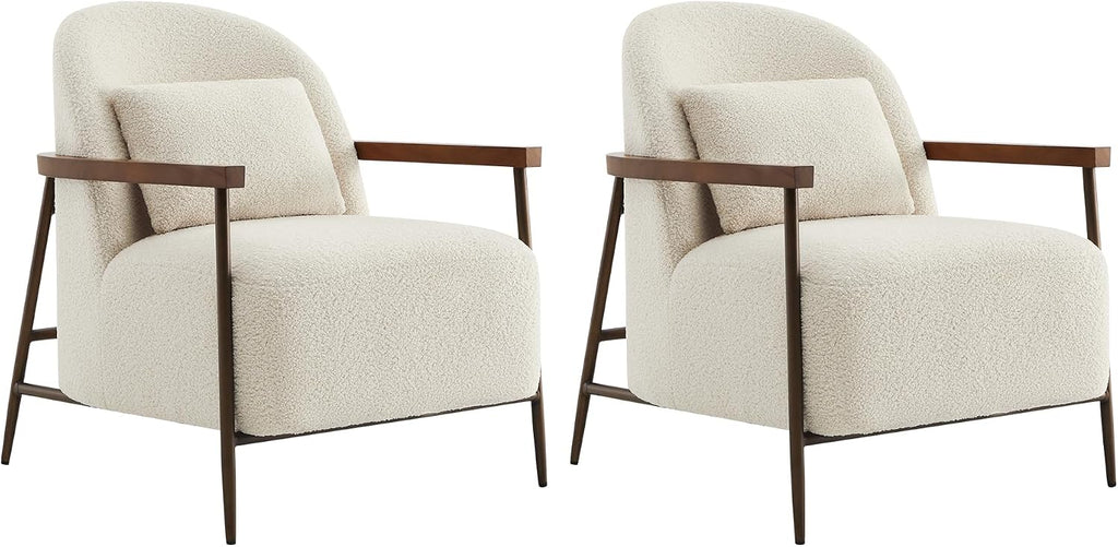 CHITA Accent Chair Set of 2, Sherpa Armchair with Wooden Armrest, Ivory