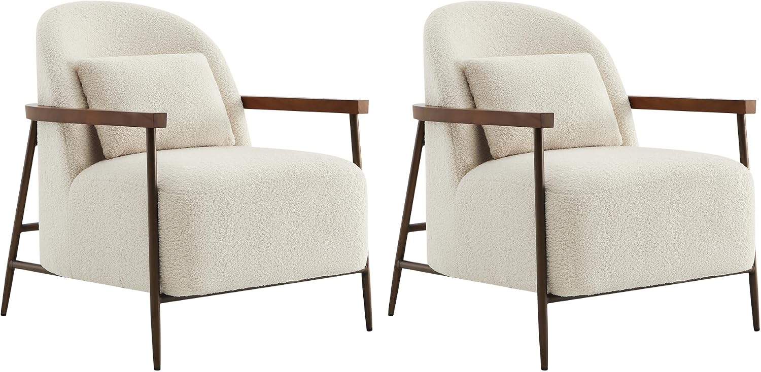 CHITA Accent Chair Set of 2, Sherpa Armchair with Wooden Armrest, Ivory