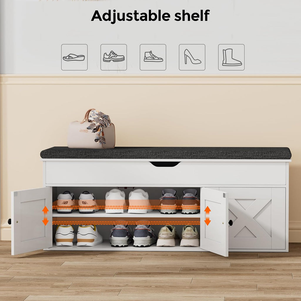 Homleke Shoe Storage Bench with Lift Top & 3 Barn Doors | Entryway Bench with Removable Cushion, Adjustable Shelf & Hidden Storage, for Hallway, Living Room & Bedroom, White
