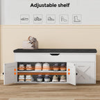 Homleke Shoe Storage Bench with Lift Top & 3 Barn Doors | Entryway Bench with Removable Cushion, Adjustable Shelf & Hidden Storage, for Hallway, Living Room & Bedroom, White