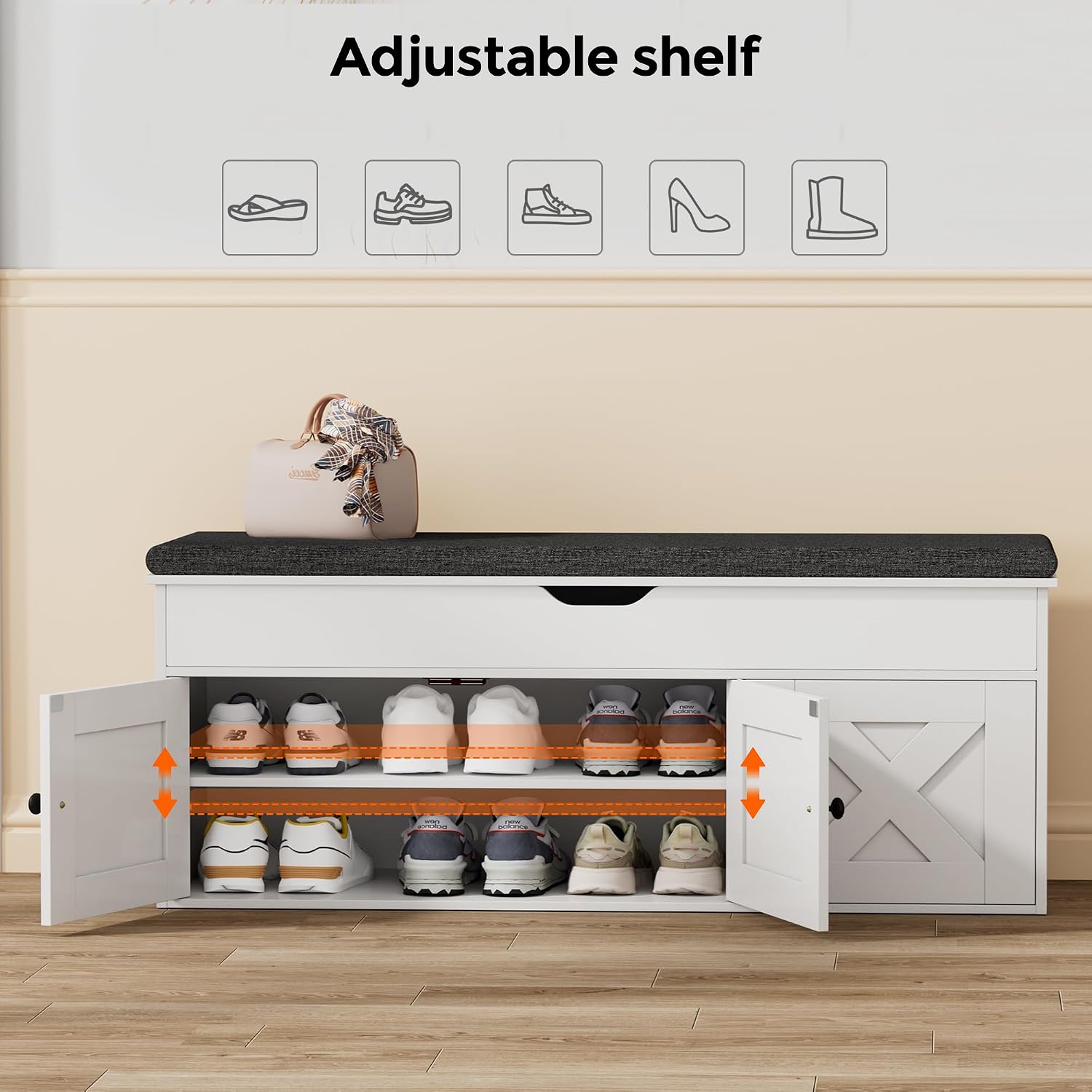 Homleke Shoe Storage Bench with Lift Top & 3 Barn Doors | Entryway Bench with Removable Cushion, Adjustable Shelf & Hidden Storage, for Hallway, Living Room & Bedroom, White