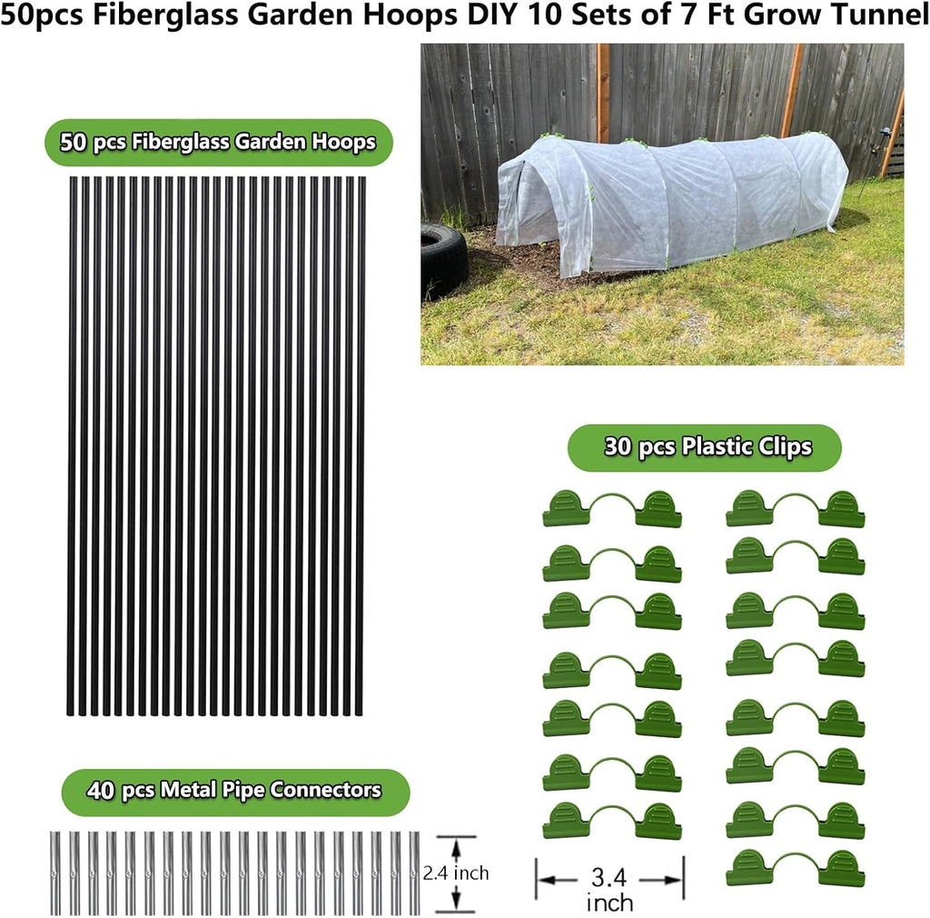 Greenhouse Hoops Grow Tunnel, 10 Sets of 7FT Garden Hoops for Raised Beds, Rust-Proof Fiberglass Frame for Garden Netting, Greenhouse Kit, Plant Shade Cloth, Plant Row Cover, 50 pcs
