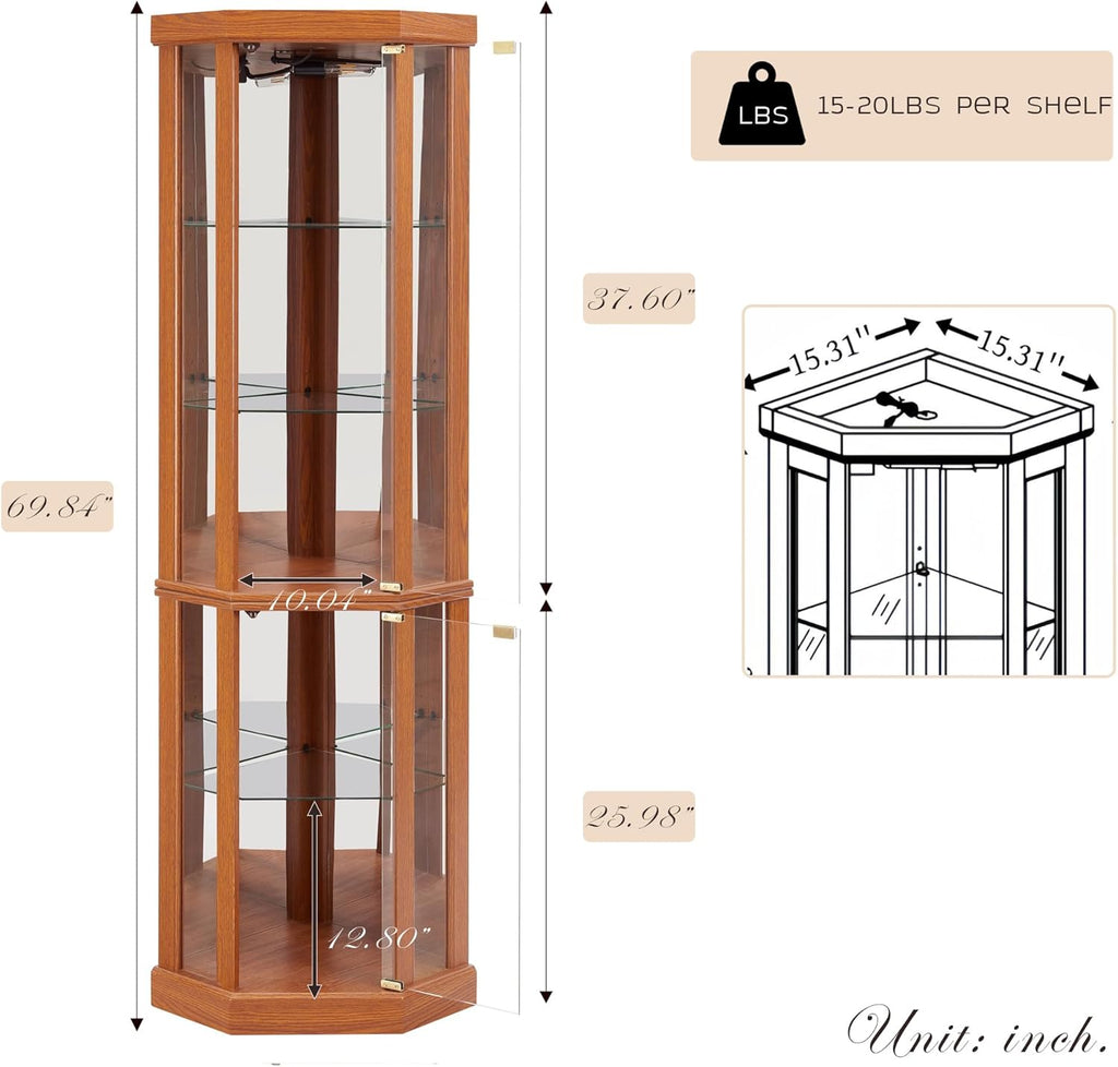 70" H Lighted Corner Curio Cabinet, Glass Display Cage with Tempered Glass Doors and 5 Adjustable Shelves, Wine Cabinet Storage Rack for Bar and Liquor Storage (Dark Oak)