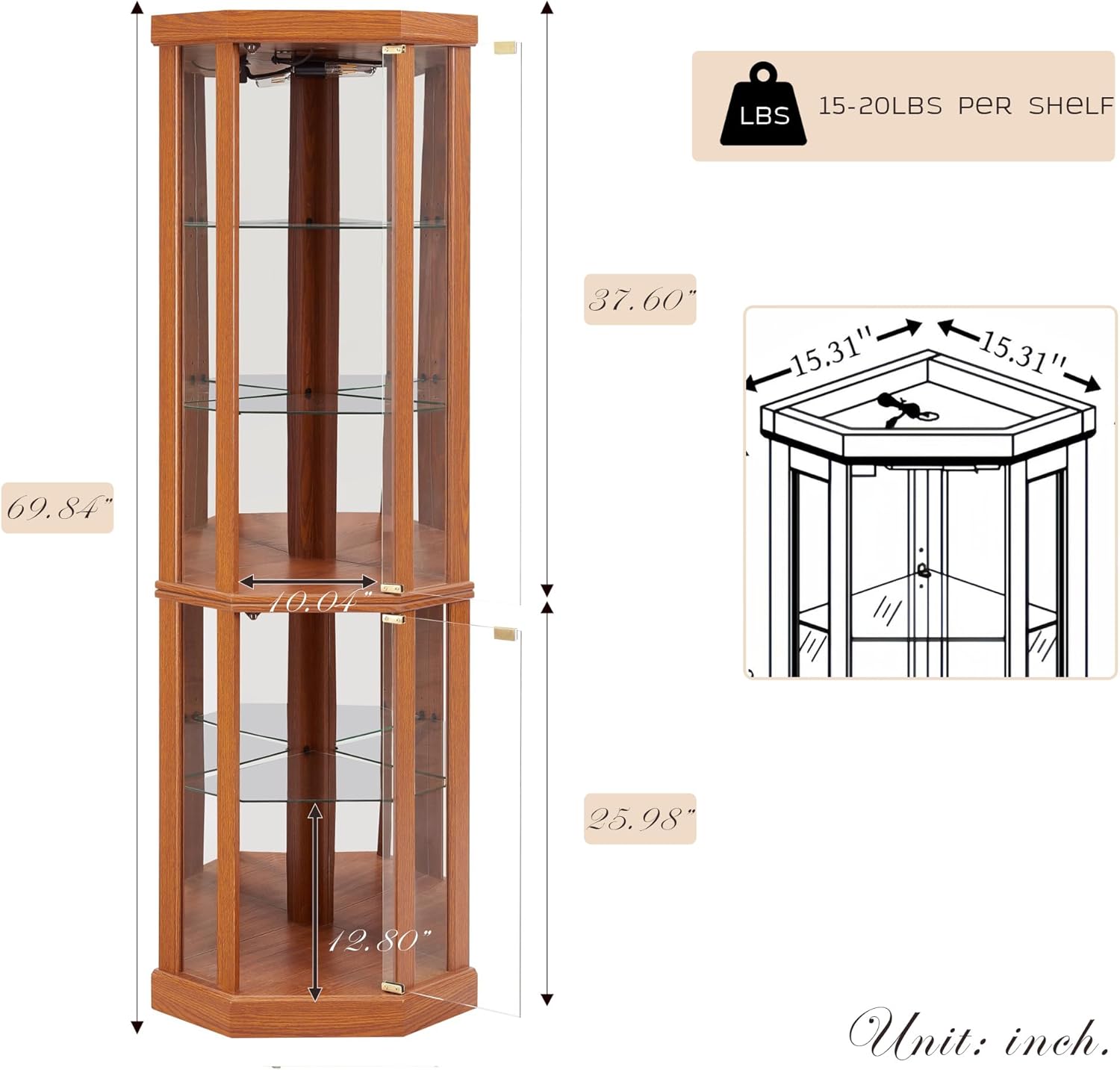70" H Lighted Corner Curio Cabinet, Glass Display Cage with Tempered Glass Doors and 5 Adjustable Shelves, Wine Cabinet Storage Rack for Bar and Liquor Storage (Dark Oak)