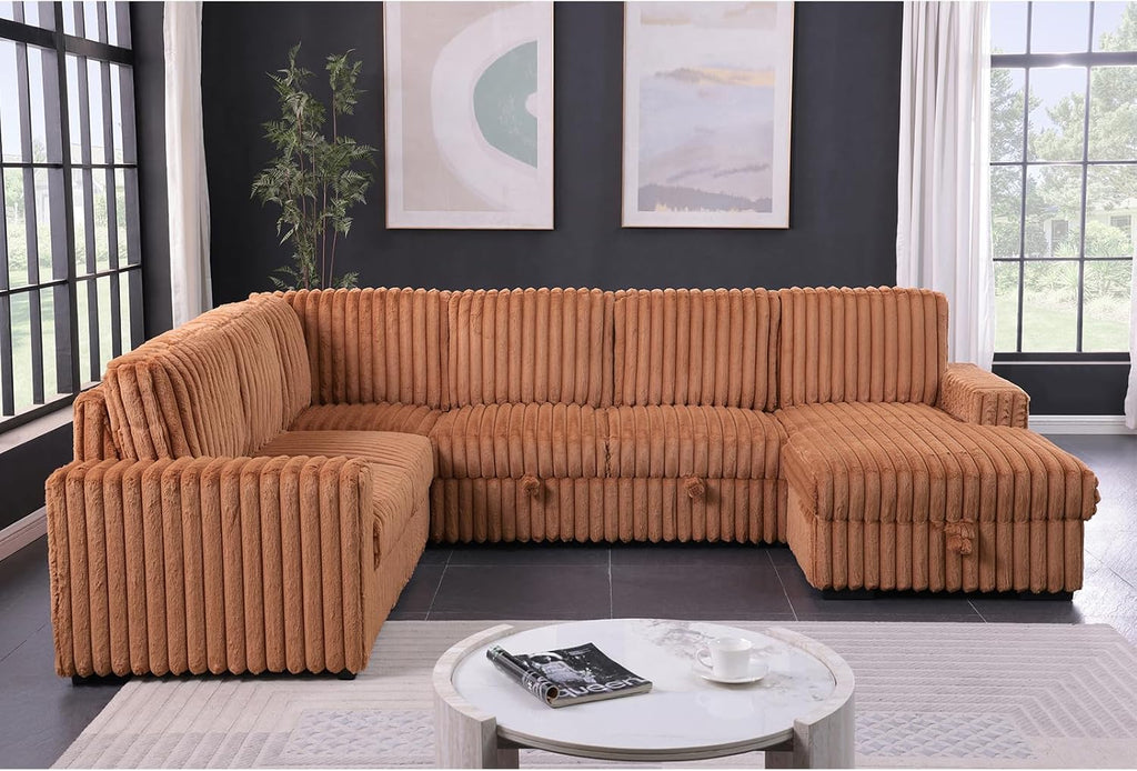 122'' Convertible U-Shaped Faux Rabbit Fur Plush Sectional Sleeper Sofa, Upholstered Cloud Couch Pull-Out Sofa Bed with Storage Chaise for Living Room (Orange, 122'' x 95.6'')