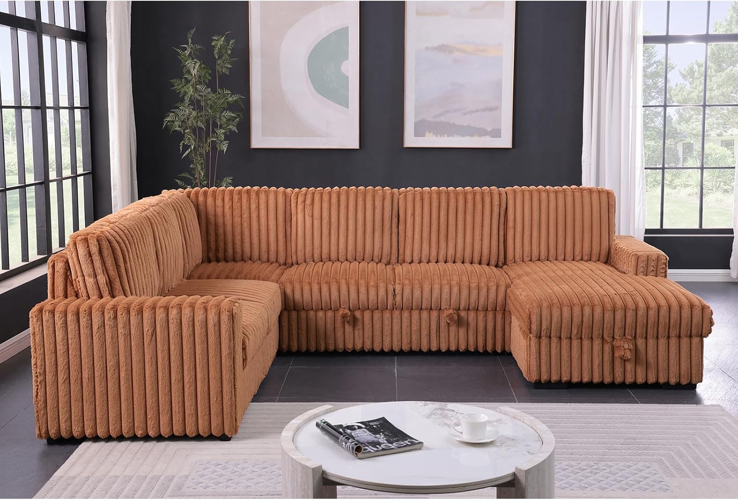 122'' Convertible U-Shaped Faux Rabbit Fur Plush Sectional Sleeper Sofa, Upholstered Cloud Couch Pull-Out Sofa Bed with Storage Chaise for Living Room (Orange, 122'' x 95.6'')