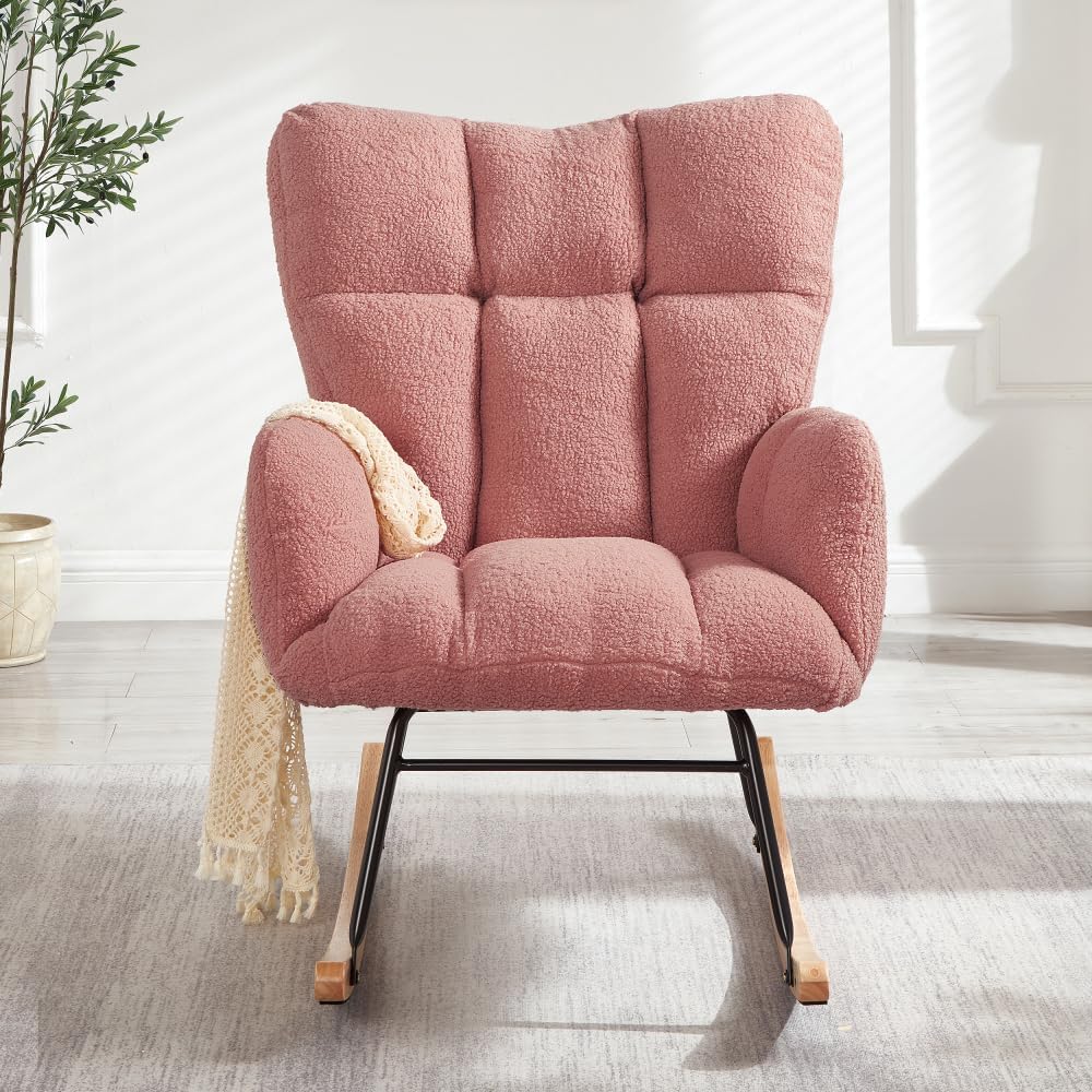 Tufted Upholstered Teddy Fabric Glider Rocking Chair with Metal Frame, Ergonomic Accent Chair for Living Room, Bedroom, and Leisure Spaces (Pink + Teddy)