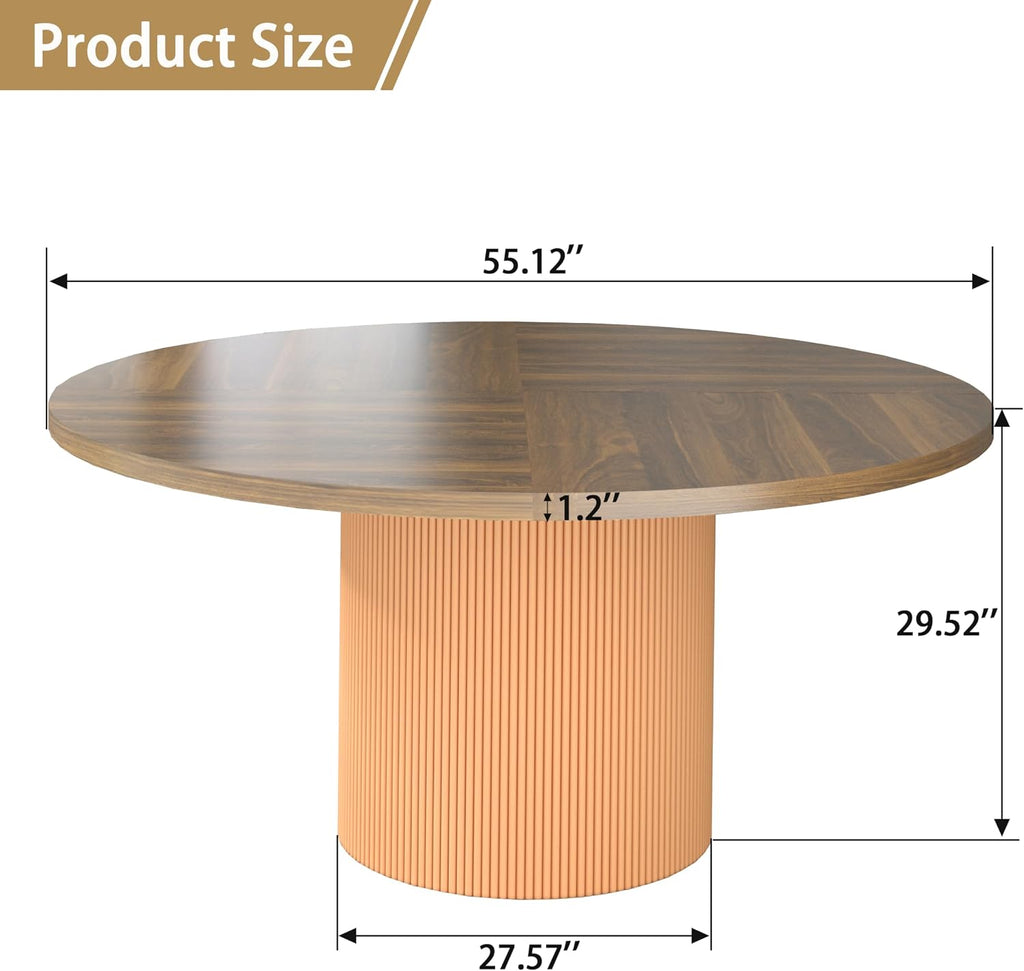 55 inch Round Dining Table for 4-6 People, Modern Farmhouse Dining Kitchen Table with Fluted Cylindrical Pedestal Base for Dining Room, Living Room, Kitchen, (Chairs Not Included)