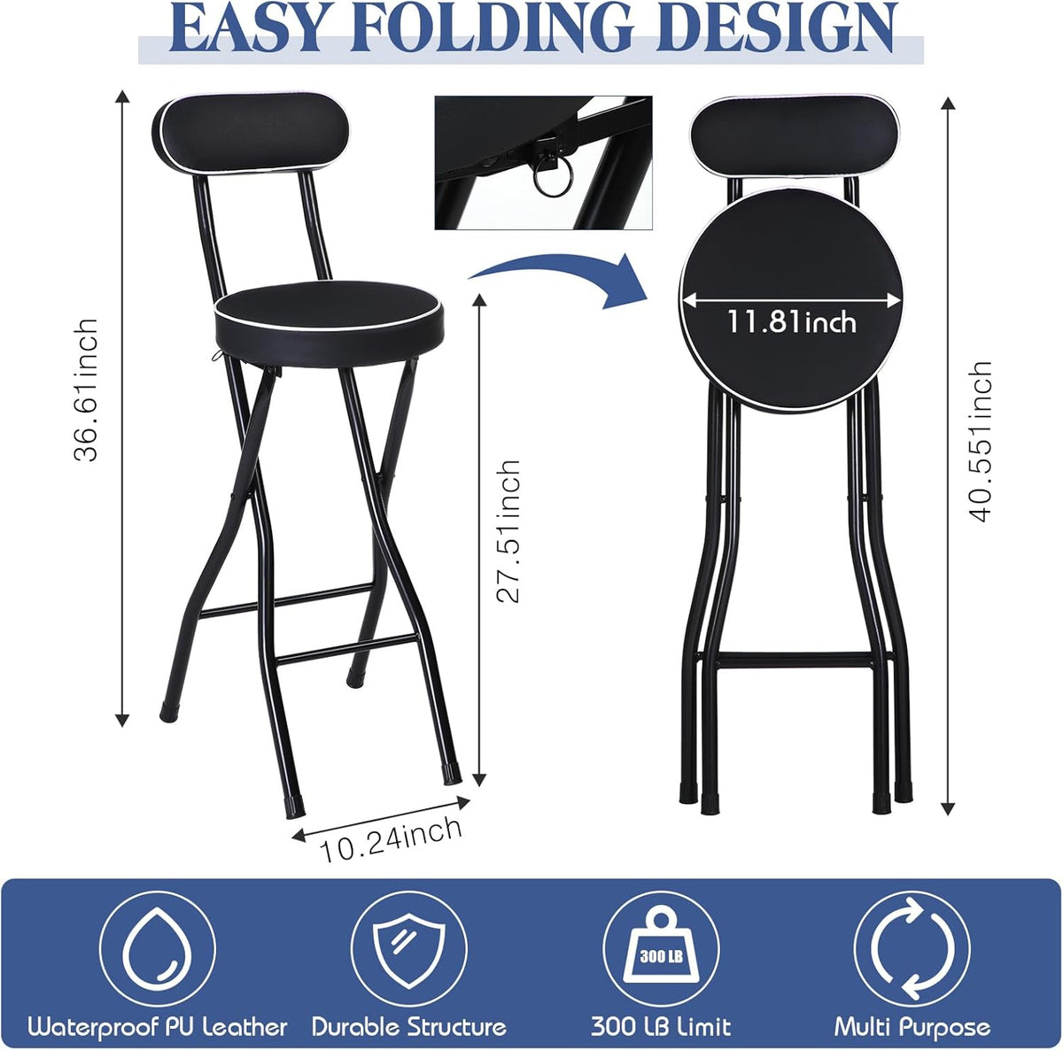 Thyle 1 Pcs 27.5 Inch Folding Bar Stool with Backrest Tall Foldable Stool Chair with Cushioned Padded Portable Collapsible Counter Height Chair for Kitchen Island Shop Cafe Dining Room