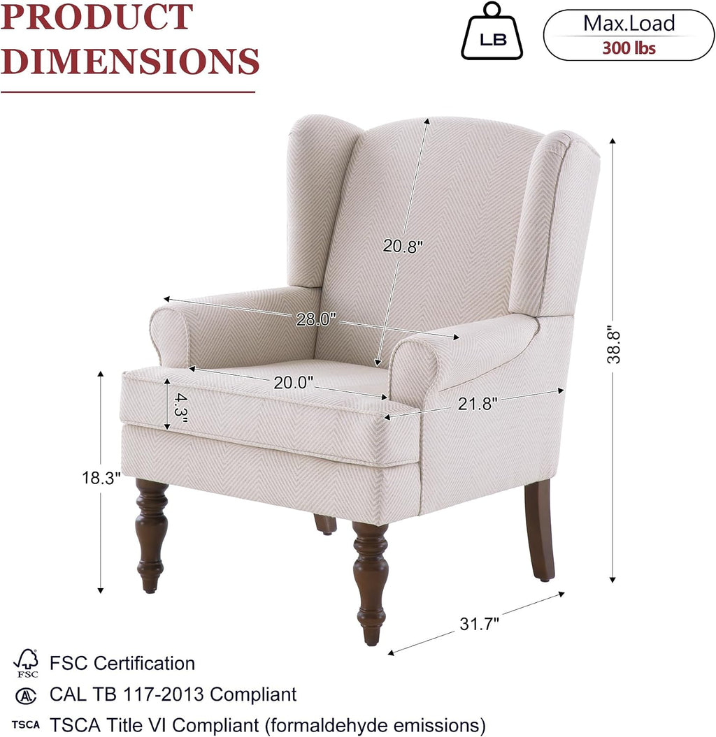 HUIMO Printed Wingback Accent Chair, Linen Upholstered High Back Armchair, Comfy Reading Chair for Living Room Bedroom Study, 300lbs Weight Capacity (1, Tan with Lines)