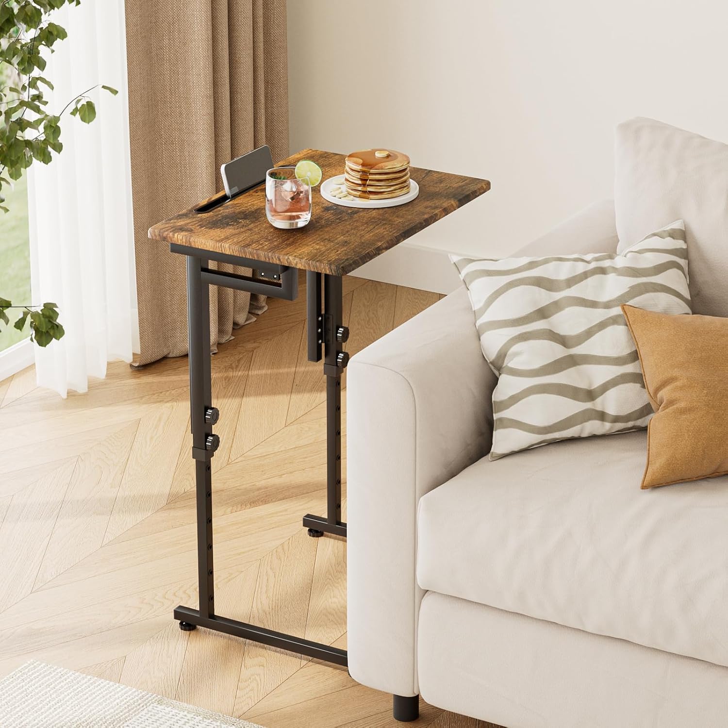 Adjustable Folding TV Tray Table,TV Dinner Small Foldable C-Shaped End Table for Eating,6 Height Adjustable Slide Under Couch Side with Sturdy MDF Top,No Assembly(Brown)