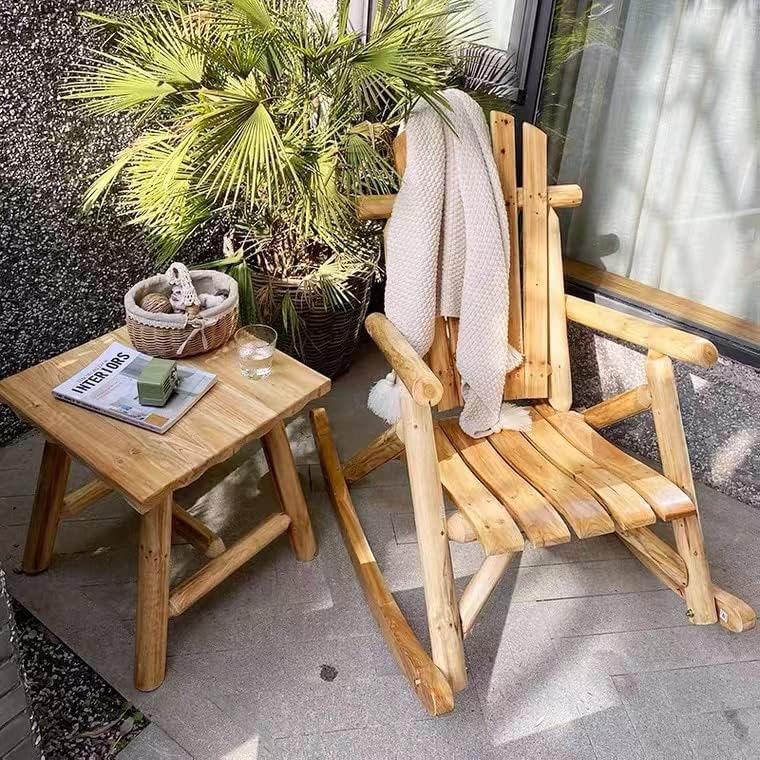DJL Wooden Rocking Chair Log Outdoor Rocker Outside Patio Lawn Furniture Living Room Porch Comfy Beach Balcony, Heavy Duty, Lightly Toasted