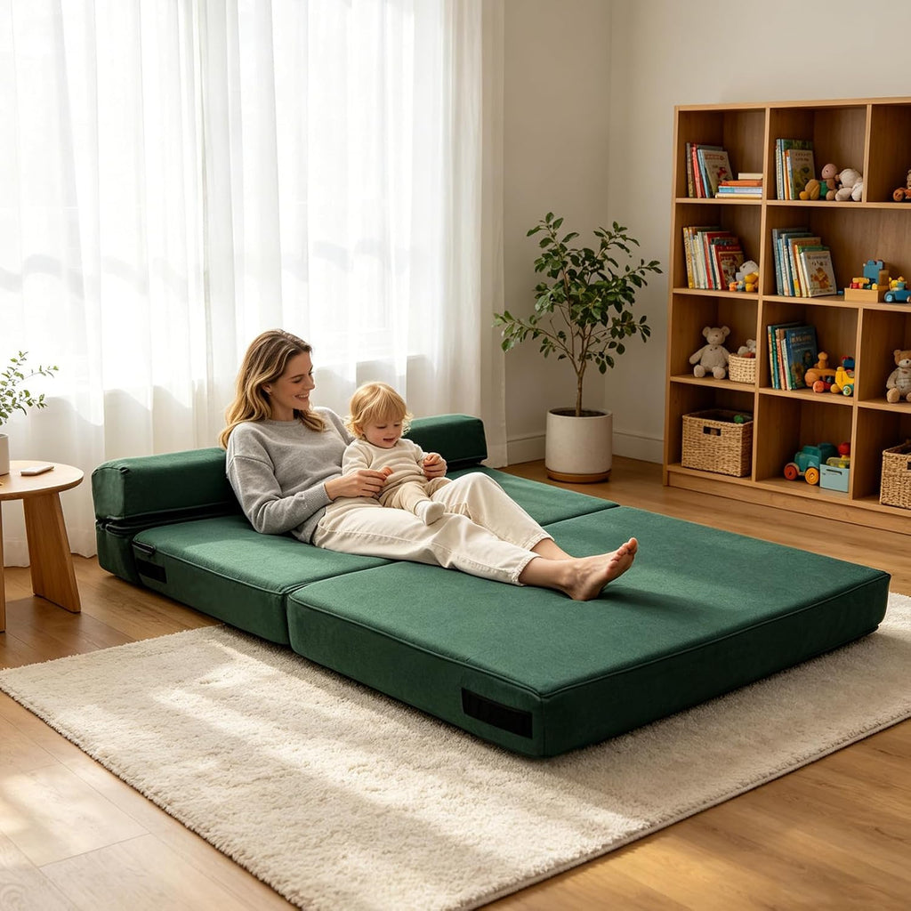 Folding Sofa Bed, Fold Out Couch Memory Foam Sleeper Chair with 2 Pillows | Queen Size Futon Couch Guest Convertible Chair Bed, Comfy Floor Sofa Lounge Washable Cover, Dark Green