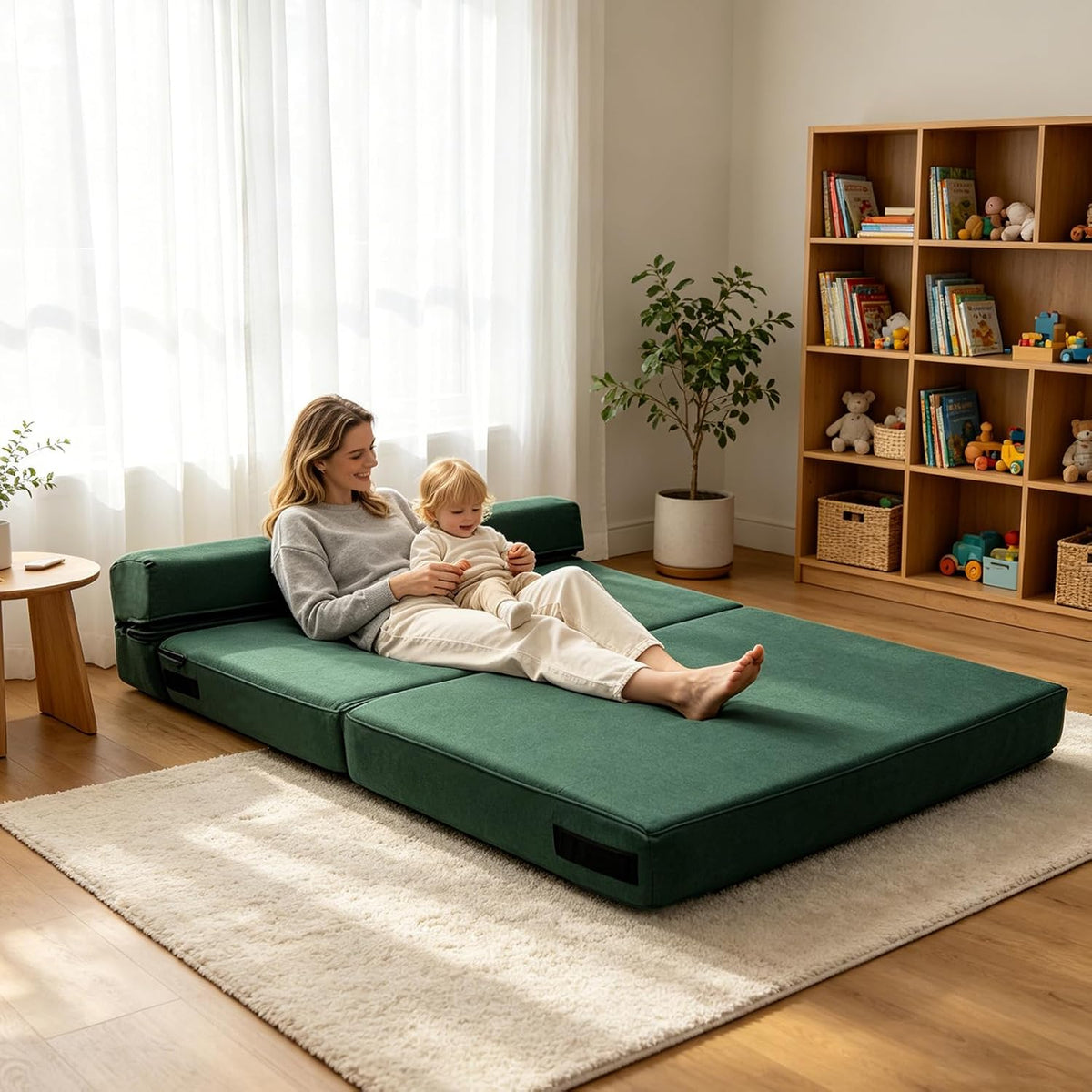 Folding Sofa Bed, Fold Out Couch Memory Foam Sleeper Chair with 2 Pillows | Queen Size Futon Couch Guest Convertible Chair Bed, Comfy Floor Sofa Lounge Washable Cover, Dark Green
