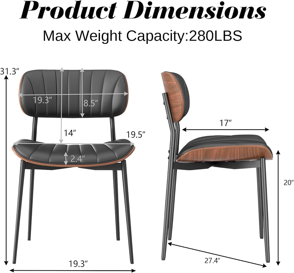 HENGJIANYI Bentwood Dining Chairs Set of 2, Modern PU Leather Dining Room Chairs with Metal Legs, Mid Century Upholstered Kitchen Chairs with Curved Back and Seat, Black